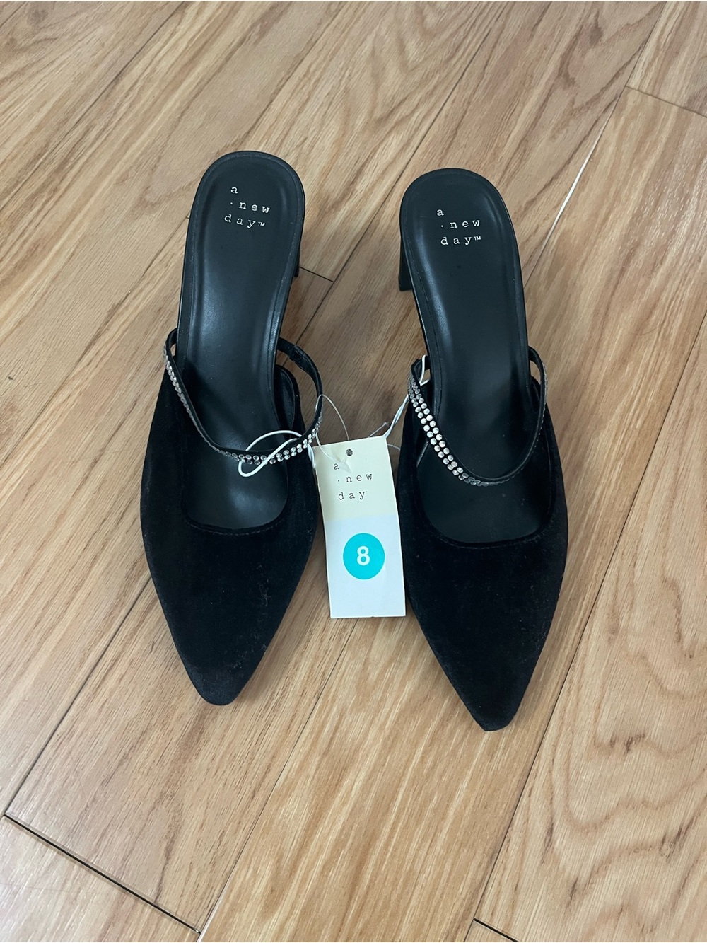 a new day Black Pointed Toe Mule Heels with Crystal Strap